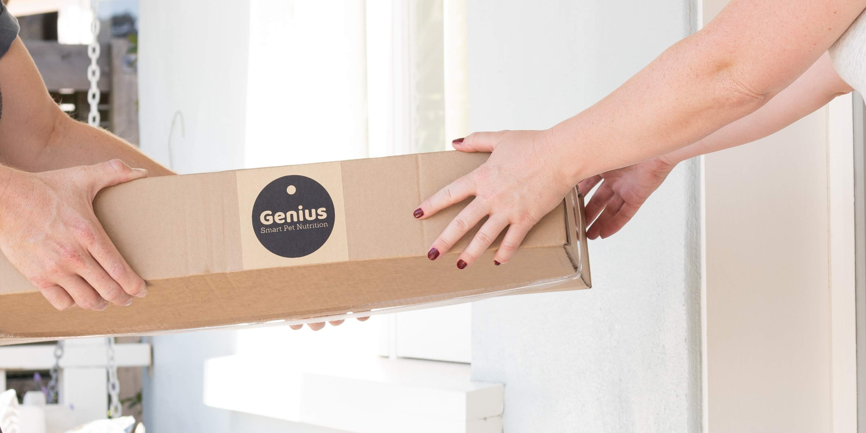Person delivering a box of Genius dog food