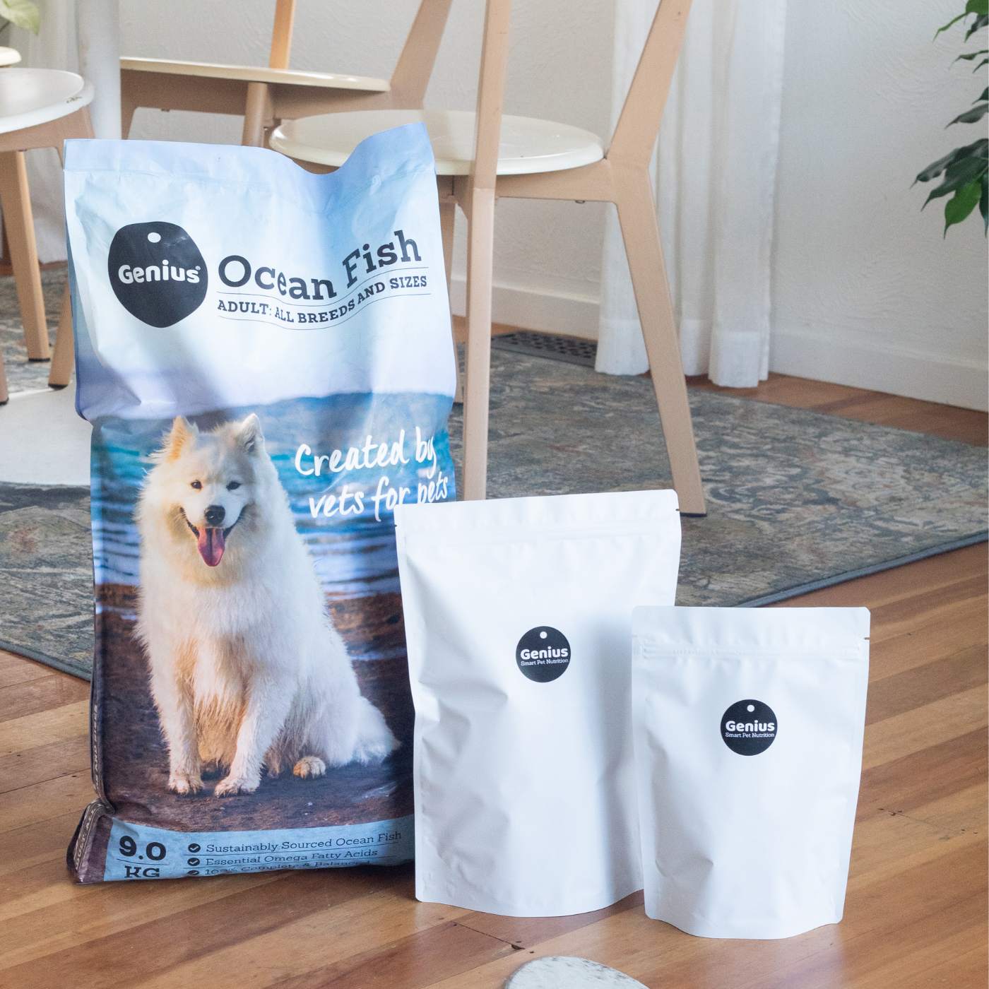 A large bag plus small trial packs of Genius Pet Food's NZ made dog food