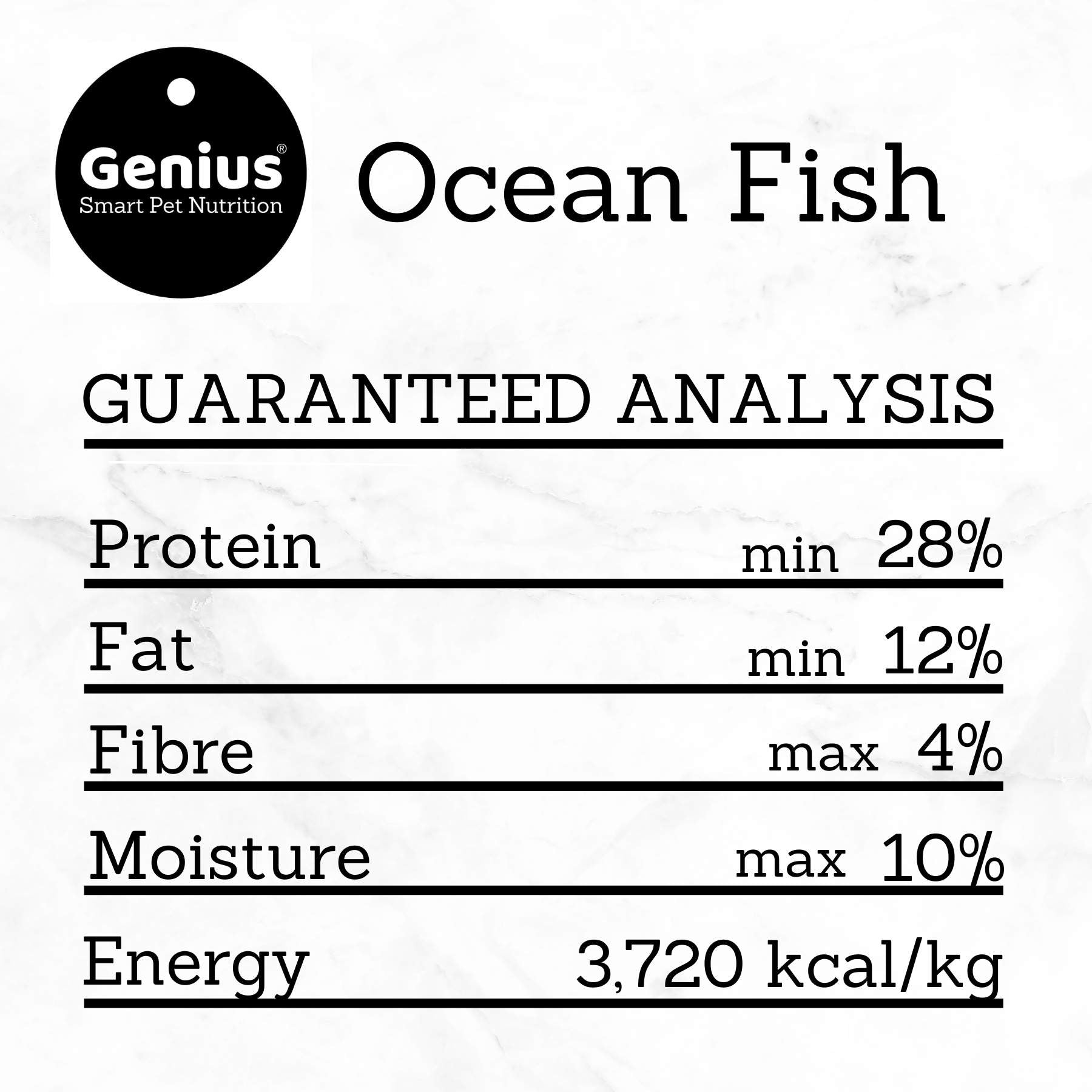 Guaranteed analysis table for Genius Pet Food Ocean Fish dog kibble