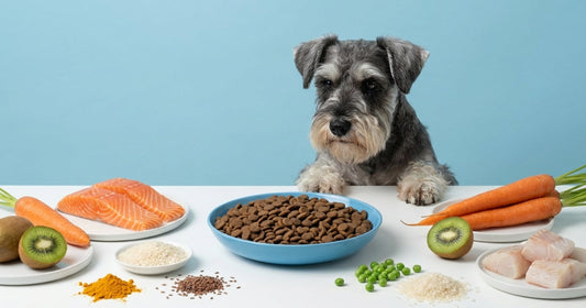 A Miniature Schnauzer looking over a bowl of dry dog food beside fresh salmon