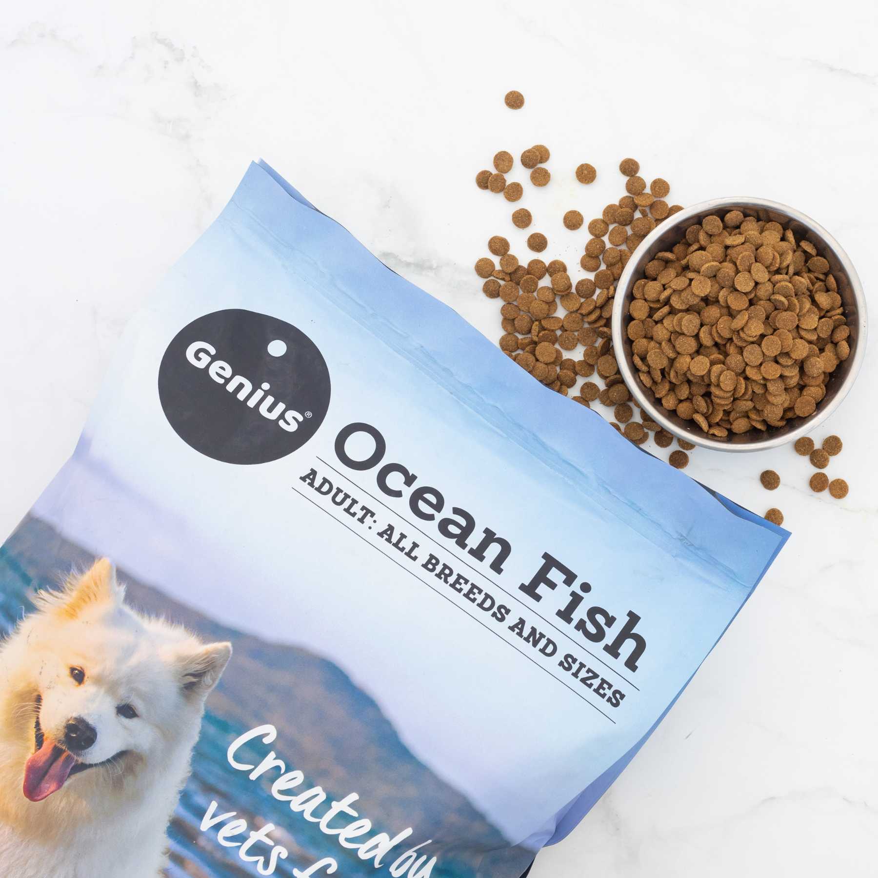 Genius Ocean Fish dog kibble and bowl