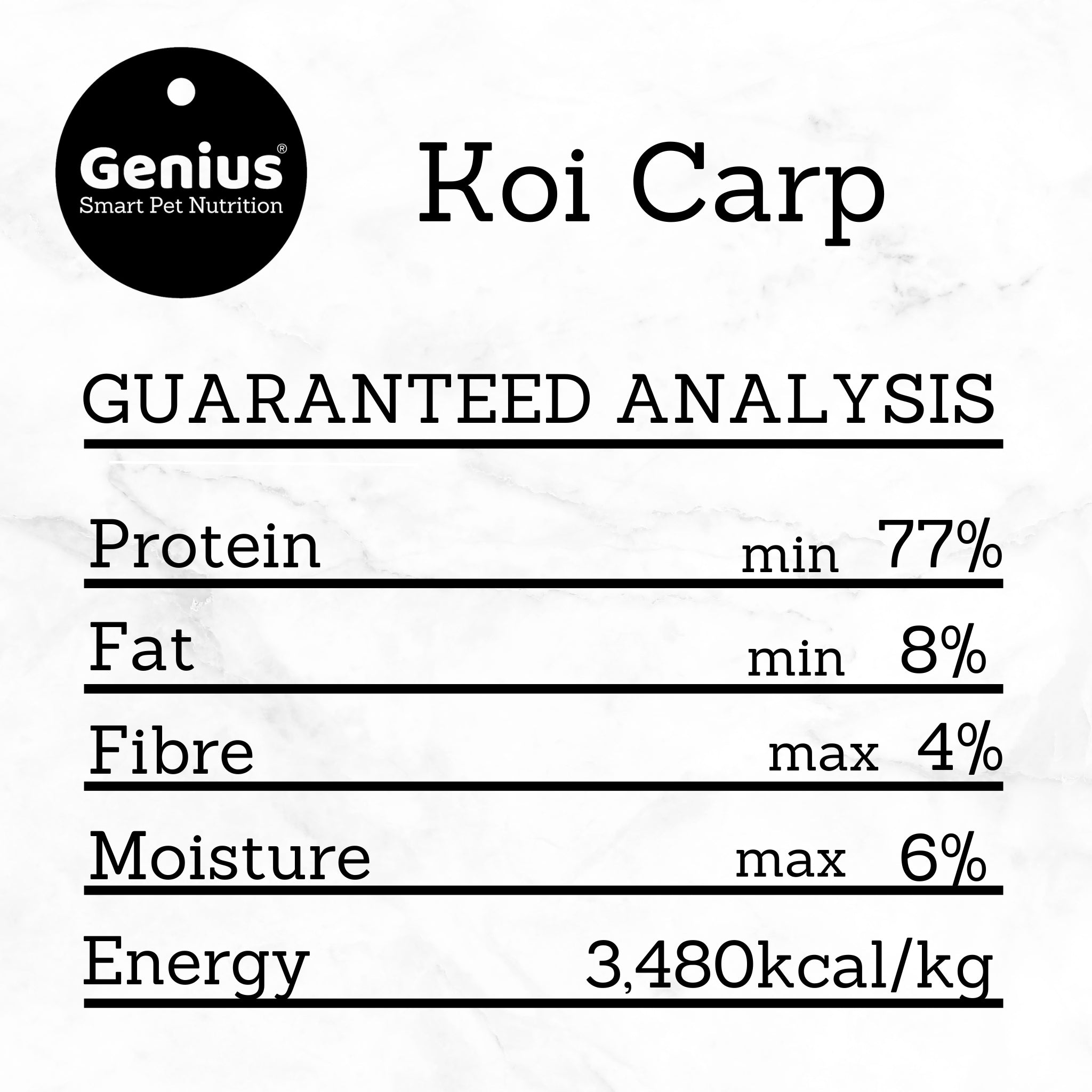 Guaranteed analysis for Koi Carp freeze dried dog and cat treats