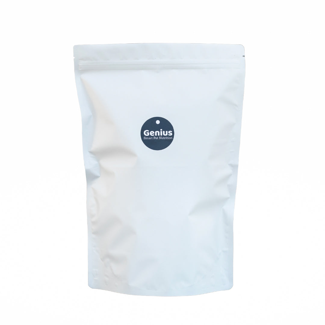 Genius Pet Food Trial bag. New Zealand made, all natural adult dog food free from colourants, additives and preservatives and high in quality NZ King Salmon